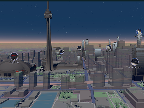 Here is another 3D view of the Toronto skyline. In this map, I turned on the ability to see POI locations and turned off all other information like road signs to make the buildings stand out. I was able to change the colour of trunk roads and regular raods to pink and purple.