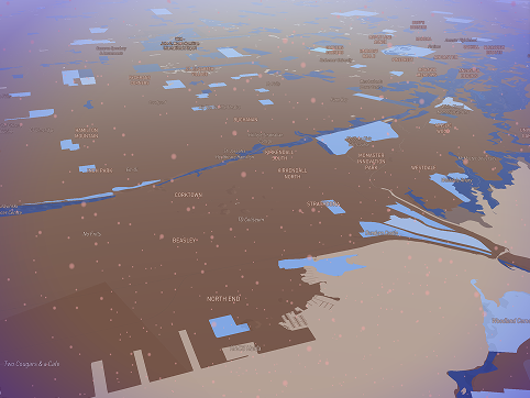 In this map, I played around with more of the visuals. I added a halo around the map and added pink snow. Mapbox gives options for how dense the snow is and what direction it's blowing. You can also change the opacity and density of the vignette.