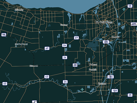 Exploring the Niagara Region where I live. Here I continued exploration of roads and included labels. I also based the colours off of a picture of Niagara Falls to stay within the Niagara theme.