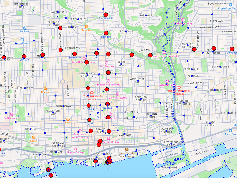 In this map of downtown Toronto, I used three labels: the red dots represent transit stops (subway and train), the blue dots represent places, and the blue dotted lines represent water.