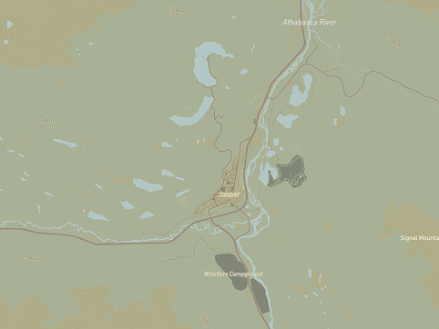 This is a map of Jasper National Park. I chose this area because I visited it for the first time this year and wanted to explore the bathymetry function. In this photo, the different heights of the mountains are outlined with rings like tree rings. Some of the rings have numbers by them indicating their height in meters. The colour scheme for this map was taken from a photo of Jasper.