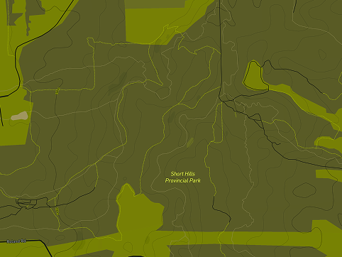 I wanted to combine the use of bathymetry with trails. I chose Short Hills Provincial Park which I've been to many times. In this photo, you can see the rings of the hills with numbers by them showing their height. You can also see the trails in the park denoted by long dash lines. The black lines represent roads.