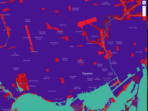 In this photo of Toronto, I wanted to investigate the amount of greenspace as a contrast to Niagara. The red space is highlighted in red. As you zoom into the map, more red space appears. Zooming out this far shows where the biggest parks are. Purple, red, and turquoise were chosen for the contrast.
