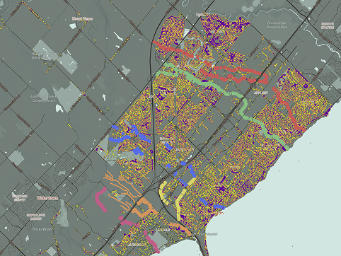 I wanted to explore other databases in Southern Ontario. This is a screenshot of Burlington. The heat map represents trees owned and maintained by the city. The lines represent main waterways. Each one is colour coded based on it's name. ecause there were so many trees, I felt the heatmap could show the density better and provided a more interesting contrast with the grey background.