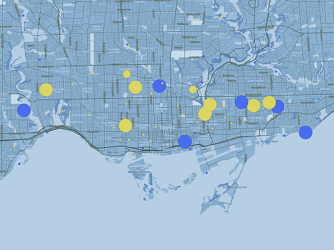 This is a screenshot of dog parks in Toronto. The small circles represent parks with full enclosures and the big circles represent places with no enclosures. Blue represents no nearby drinking sources and yellow represents a drinking source nearby.