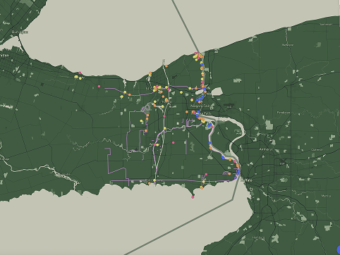 This screenshot displays some of Niagara's Historical sites and bike trails. The historical sites 'ownership' are visualized by colour: 1) Blue: Niagara Parks Commission, 2) Federal, 3) Other, 4) Provincial.