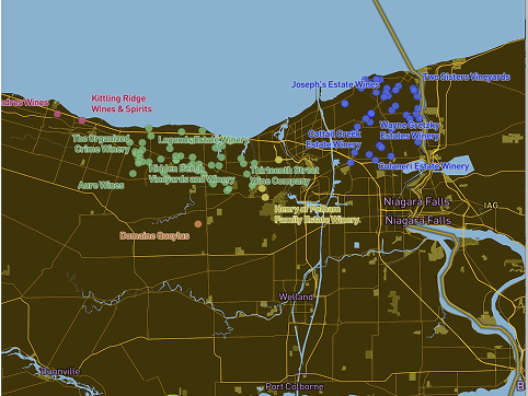This is a screenshot of the locations of some Niagara wineries. I wanted to experiment with the different features Mapbox offers with data visualization. Here, I colour-coded the locations of the wineries based on municipality. I also added labels so the viewer could recognize quickly what they were looking at. I was also eperimenting with the colour palette of the map. I think this map is too colourful and can distract the user from the information.