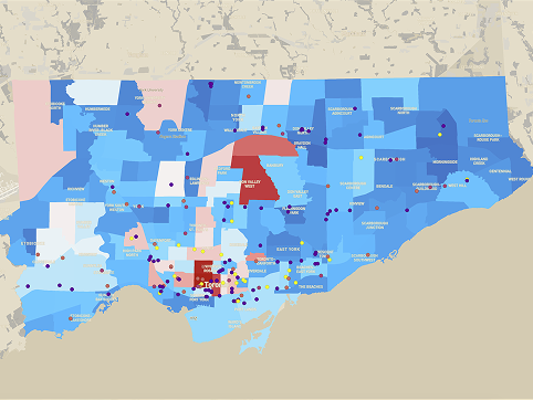 For this map, I was interested in investigating Break and Enters in 2024 and locations of affordable housing. In the chloropleth map, blue represents low number of B&E's, red represents high number of B&E's, and white represents the average between them. The dots represent locations of affordabel housing with yellow representing pre-planned places, red representing places in the process, and purple representing places that are occupied. As people who live in affordable housing can be more vulnerable, I was curious to see if there were correlations between the two.