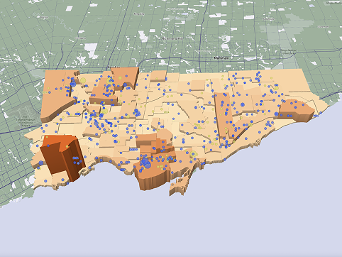 In this map of Toronto, I have continue visualizing crime data. The extrusions and colours show the number of assaults in 2024, with the darker colours and taller extrusions denoting more assaults and the lighter colours and shorter extrusions denoting less assaults. The colours represent shooting and firearm discharges by any individual. The dataset included information from the past 10 years. I was interested in comparing how many times firearms had been discharged. The blue circles represent '2024' and the yellow circles represent '2014'.
