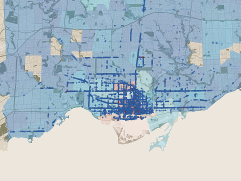 This is another map of Toronto showing a chloropleth map of bike theft in 2024. The blue circles represent bicycle parking stations. The blue circles represent bike stations that are active and red circles represent bike stations that are inactive. The blue places on the chloropleth represent low numbers of bike theft, and the red represents high numbers of bike theft.