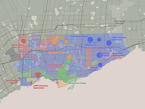 This is a map of Toronto. I was able to find a dataset about Toronto crime rates broken down by neighbourhood and year. With this dataset, I was able to make a Chloropleth. Each colour shows the number of assaults in Toronto in 2024: Blue: 25, Purple: 131, Green: 237, Pink: 342, Orange: 448, Red: 660, Yellow: 971. The circles represent health centres in each city: Blue: Scarborough, Green: Former Toronto, Pink: York, Orange: North York, Red: Etobicoke, Yellow: East York.